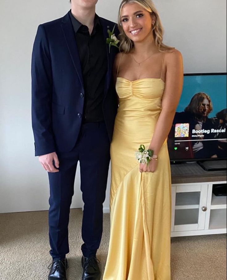 Best Yellow Spaghetti Straps Long Prom Dress With Slit