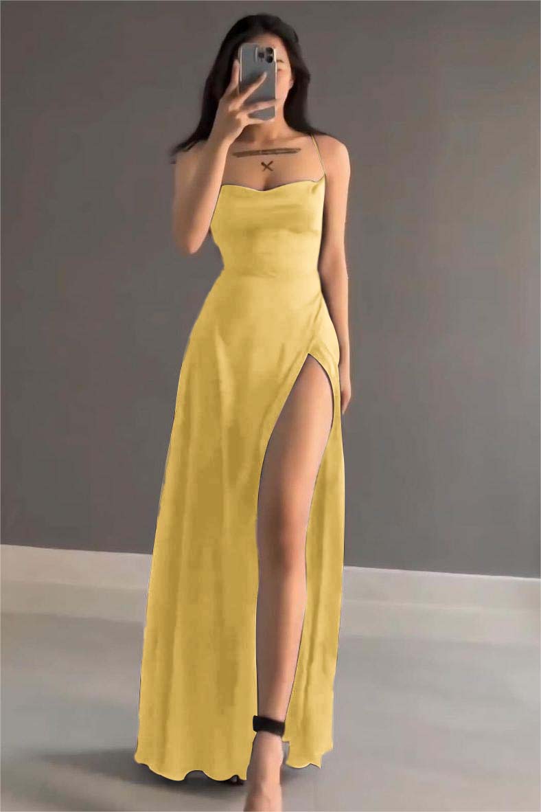 Simple Spaghetti Strap Long Prom Dress with Slit Open Back