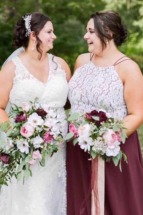 Plus Size Straps Burgundy Long Bridesmaid Dress with Lace