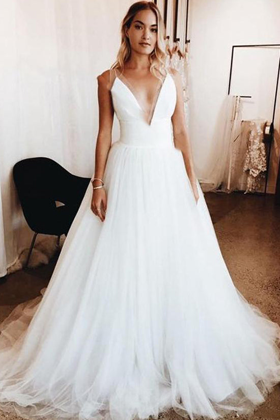 Long Deep V-Neck Empire A-line White Wedding Dress