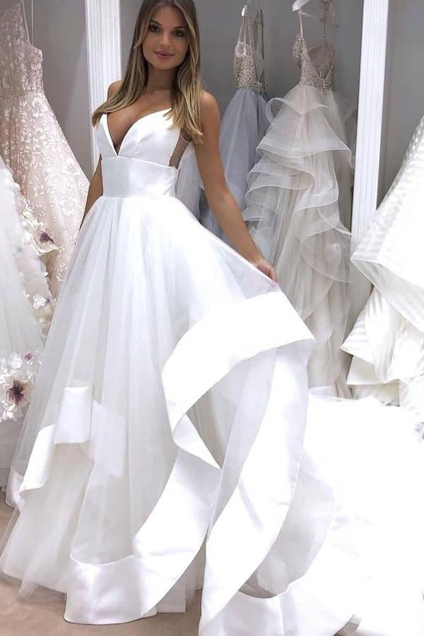 Long V-Neck A-line Straps White Wedding Dress with Ruffles