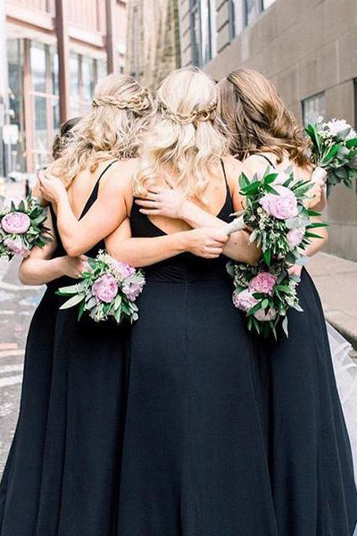 Spaghetti Straps Long Black Bridesmaid Wedding Party Dress