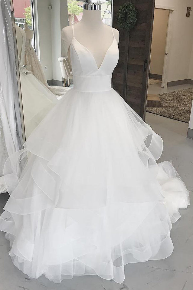 Long V-Neck A-line Straps White Wedding Dress with Ruffles