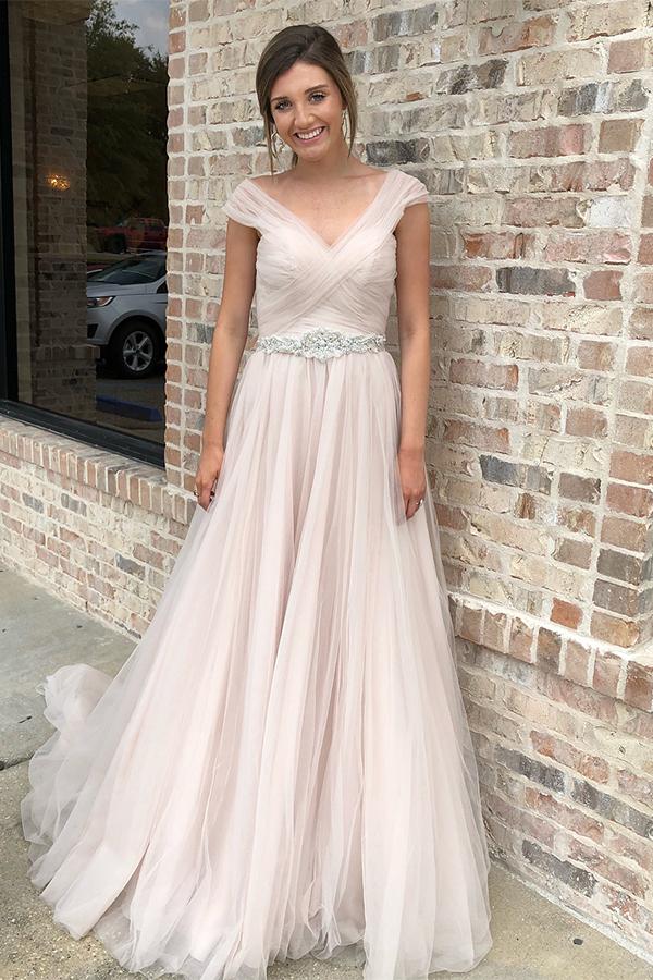 Long Cap Sleeves A-line V-Neck Baby Pink Wedding Dress