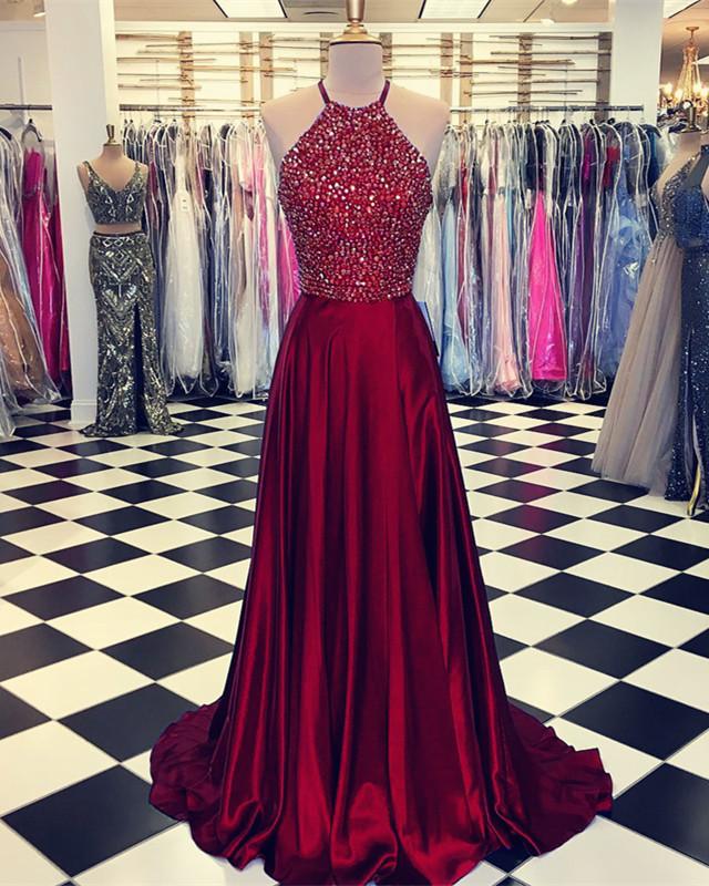 Luxurious Crystal Halter Prom Dresses Long Satin Leg Split Evening Gowns