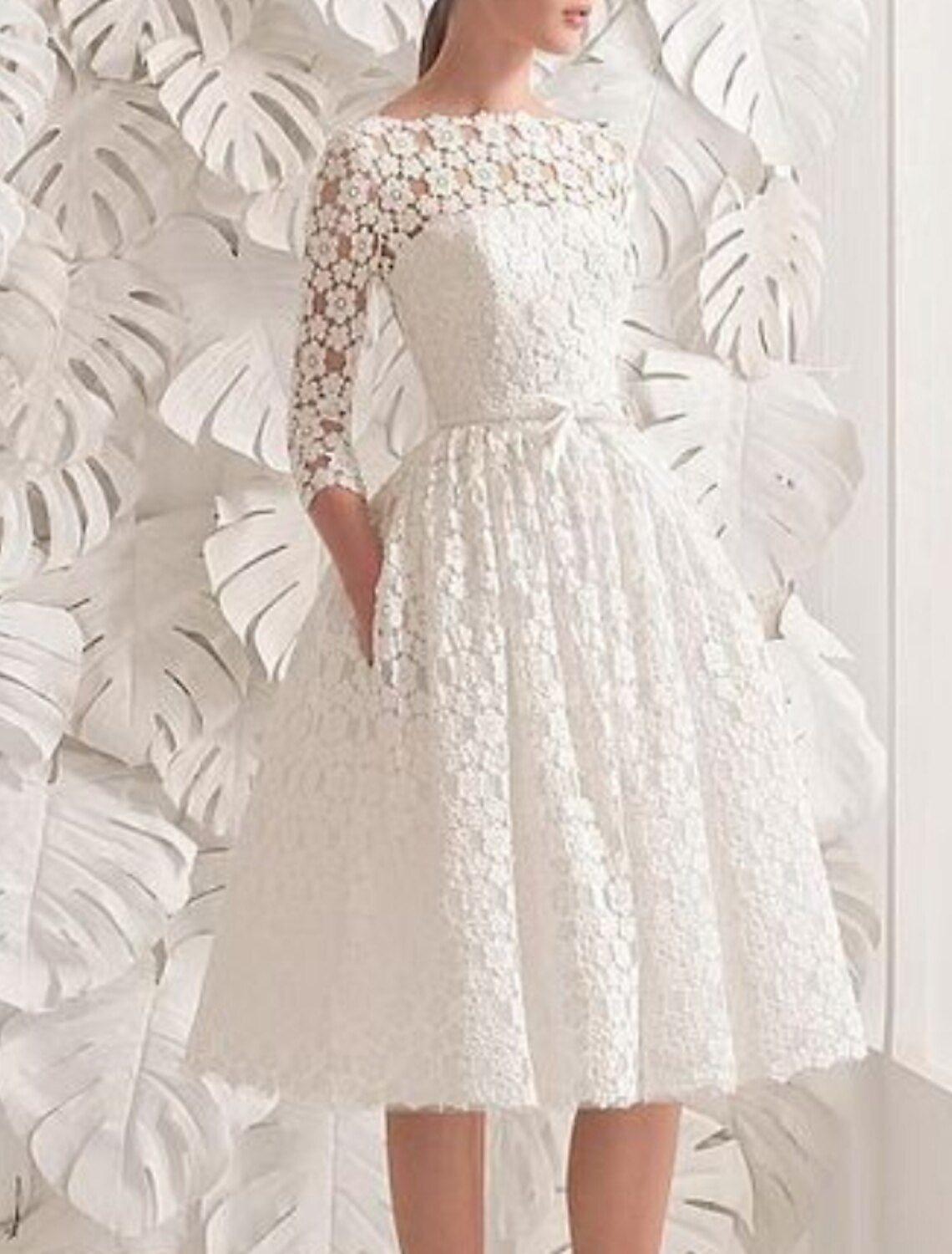 Aimishang Reception Little White Dresses Wedding Dresses A-Line Scoop Neck 3/4 Length Sleeve Knee Length Lace Bridal Gowns With Sashes / Ribbons Appliques