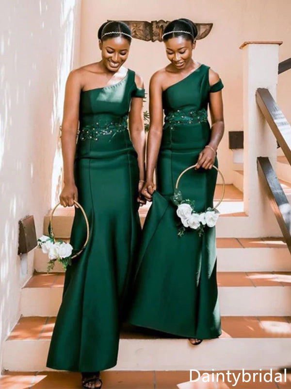 Simple One Shoulder Off the Shoulder Mermaid Satin Green Bridesmaid Dresses, BG325