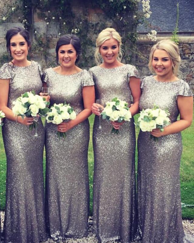 Silver Sequins Long Bridesmaid Dresses Ruffles Back Wedding Party Dress
