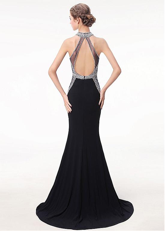 Halter Black Satin Mermaid Keyhole Evening Prom Dress With Beadings