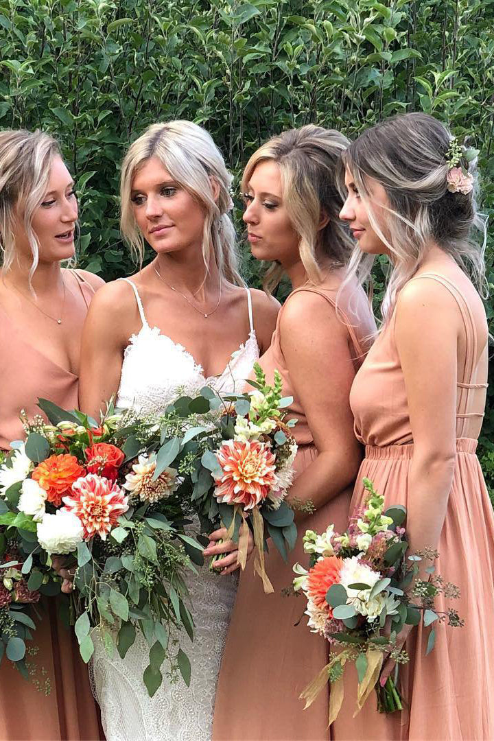 Straps Blush Pink Chiffon Floor Length Bridesmaid Dress with Slit