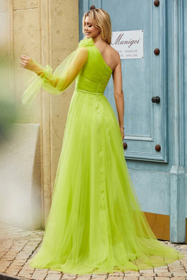 Aimishang Elegant Evening Dress Floral Lime-Green Prom Dresses One Shoulder Pleated Tulle Long Dress