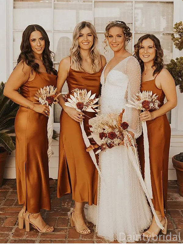 Simple Spaghetti Straps A-line Ankle Length Bridesmaid Dresses Online, BG358