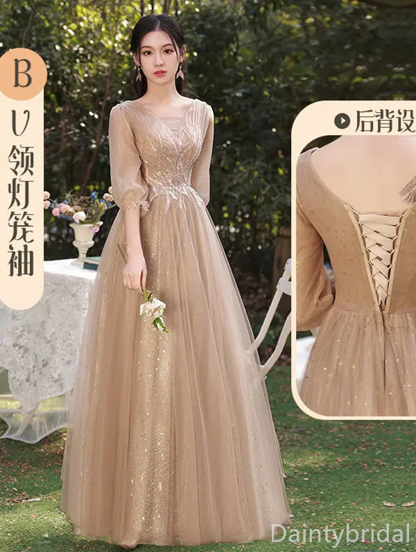 Mismatched Tulle Sleeves Off the Shoulder Spaghetti Straps A-line Bridesmaid Dresses, BG360