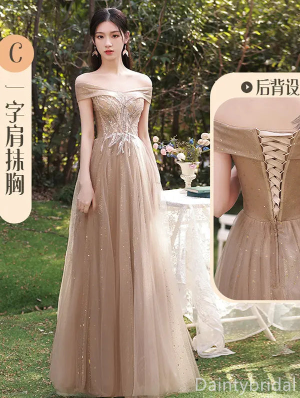 Mismatched Tulle Sleeves Off the Shoulder Spaghetti Straps A-line Bridesmaid Dresses, BG360