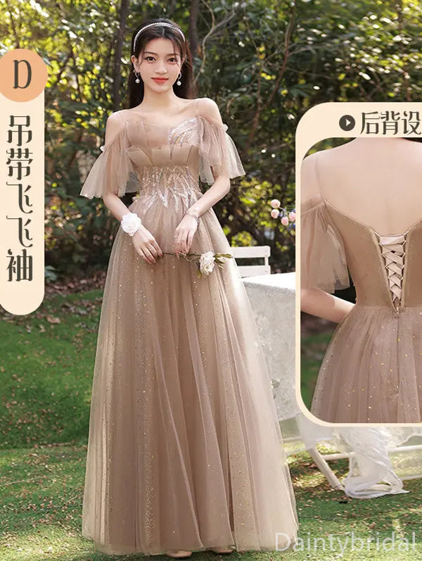 Mismatched Tulle Sleeves Off the Shoulder Spaghetti Straps A-line Bridesmaid Dresses, BG360