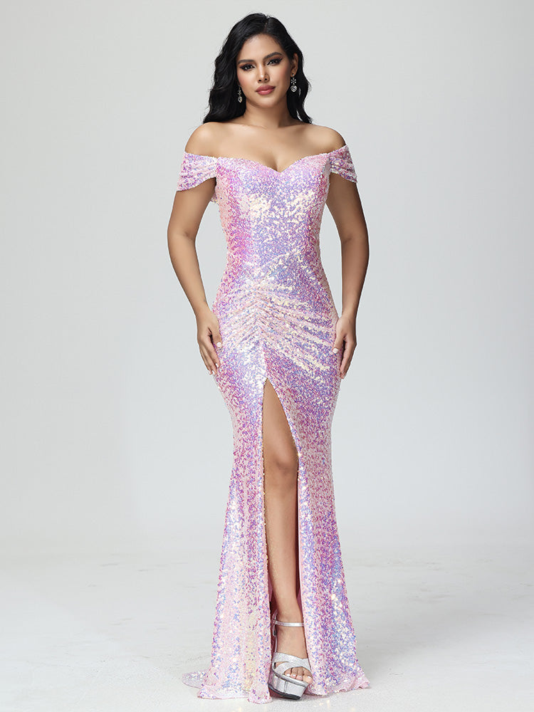 Sequins Off the Shoulder Split Floor Length Prom Dresses