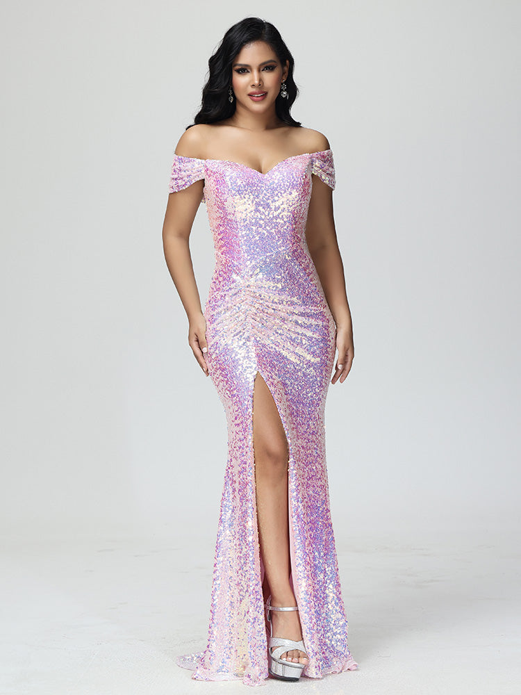 Sequins Off the Shoulder Split Floor Length Prom Dresses