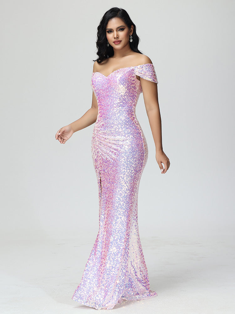 Sequins Off the Shoulder Split Floor Length Prom Dresses