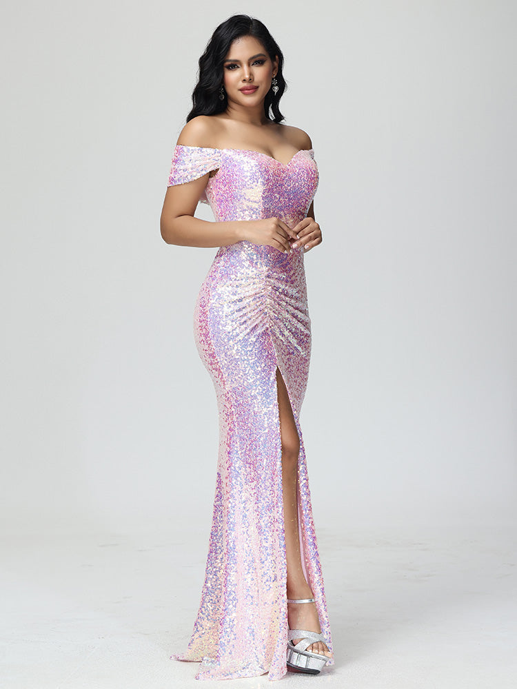 Sequins Off the Shoulder Split Floor Length Prom Dresses