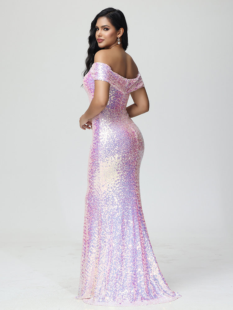 Sequins Off the Shoulder Split Floor Length Prom Dresses