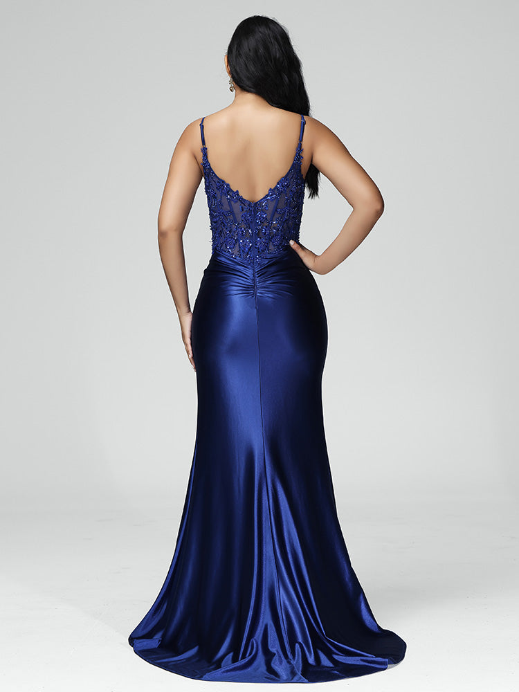 Mermaid Spaghetti Straps Ruched Prom Dresses With Split