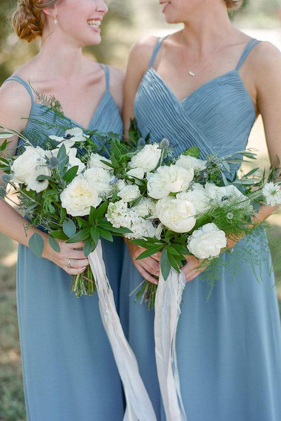 A-line Spaghetti Straps Pleated Dusty Blue Long Bridesmaid Dress
