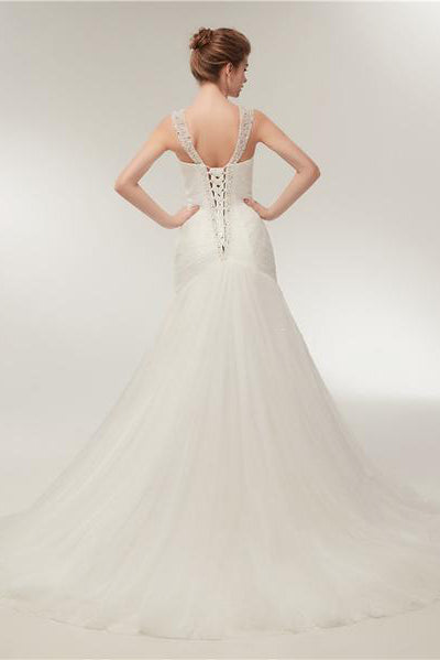 Princess Long Lace-Up Mermaid Ivory Wedding Dress with Beads