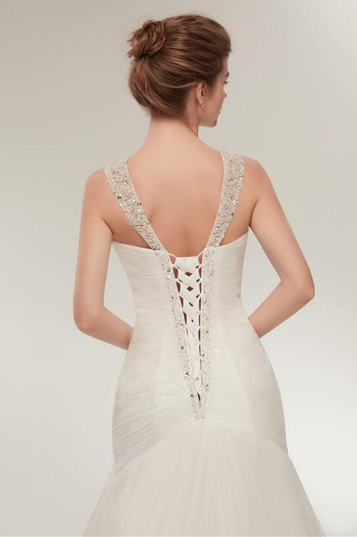Princess Long Lace-Up Mermaid Ivory Wedding Dress with Beads