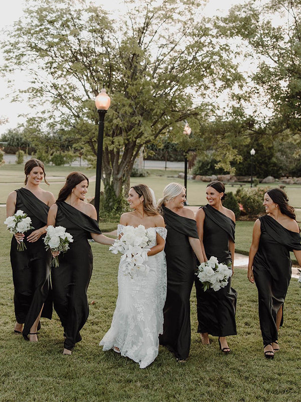 Elegant One Shoulder Sleeveless Off the Shoulder Bridesmaid Dresses with Side Slit, BG370