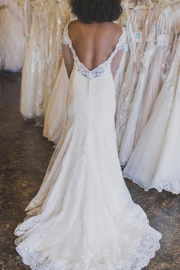 Long Sleeves Mermaid V Back Ivory Wedding Dress with Appliques