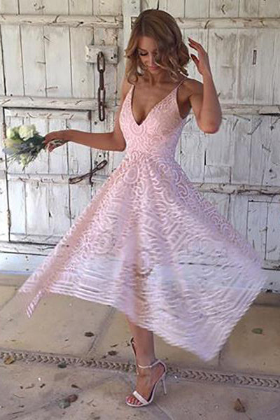 V Neck Navy Blue Lace Tea Length Bridesmaid Dress