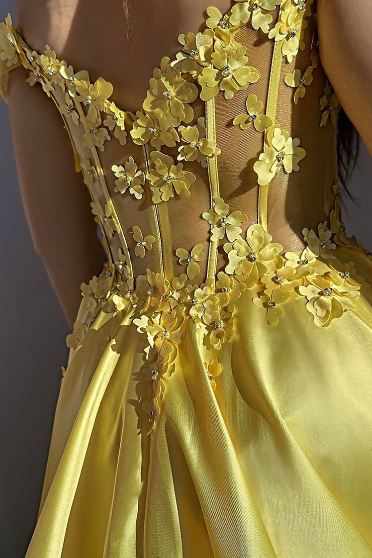 A-Line Off the Shoulder Yellow Satin Long Prom Dresses