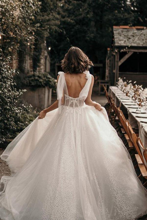 Straps A Line With Sequins Sleeveless Corset Wedding Dresses