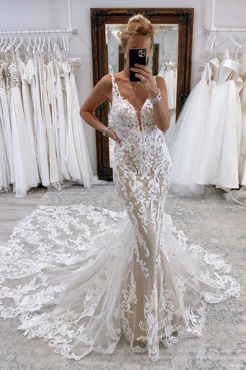 Aimishang Elegant Mermaid V Neck Tulle Lace Wedding Dresses with Train