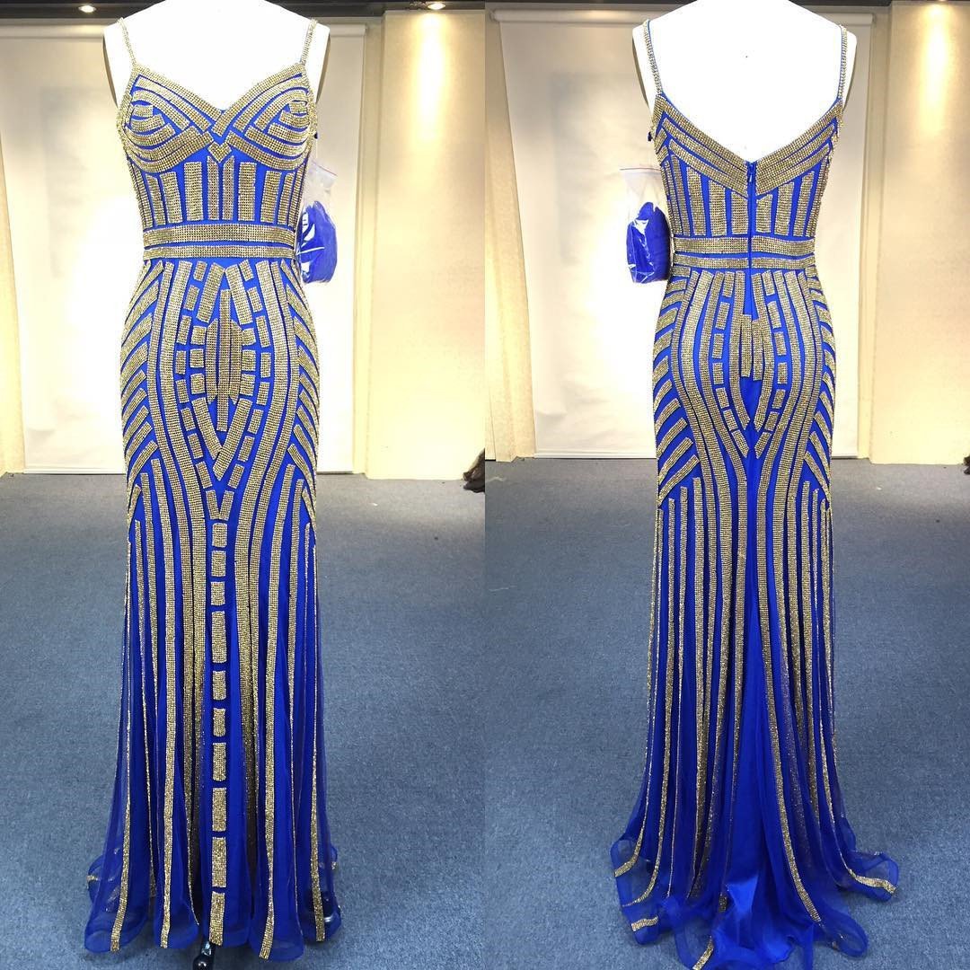 unique Golden Stripe Beading V Neck Long Mermaid Prom Evening Dresses