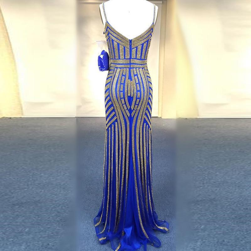 unique Golden Stripe Beading V Neck Long Mermaid Prom Evening Dresses