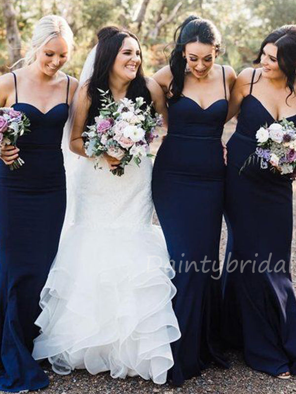 Spaghetti Strap Satin Mermaid Long Bridesmaid Dresses.DB10421