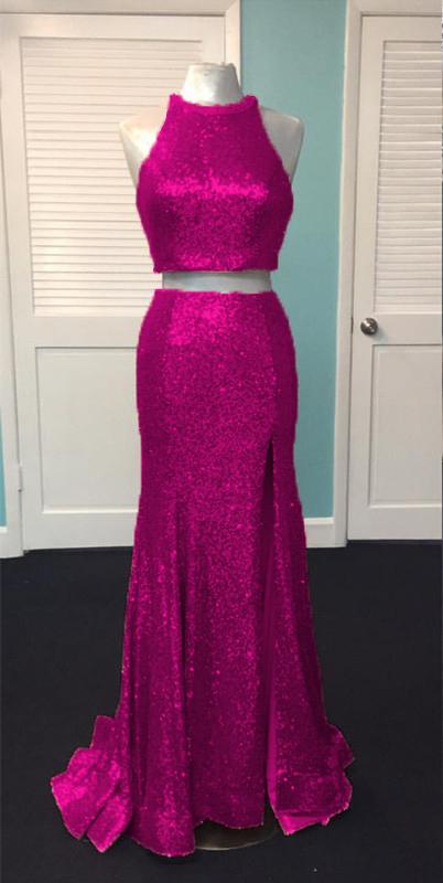 Rose Gold Sequin Two Piece Prom Dresses Mermaid Evening Gowns