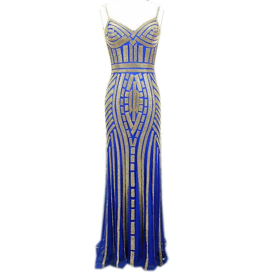 V Neck Long Tulle Mermaid Evening Dresses With Gold Beading