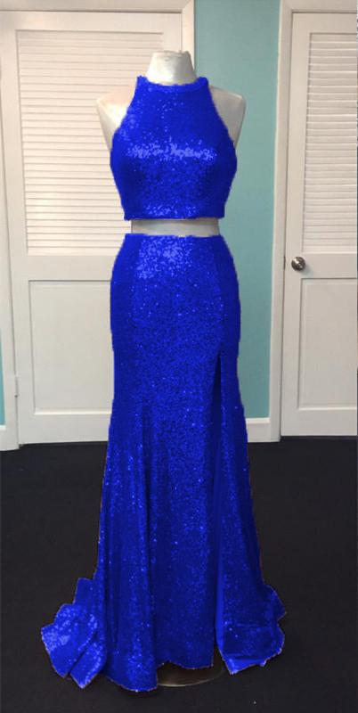 Rose Gold Sequin Two Piece Prom Dresses Mermaid Evening Gowns