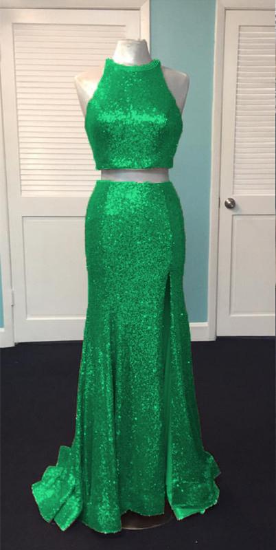 Rose Gold Sequin Two Piece Prom Dresses Mermaid Evening Gowns