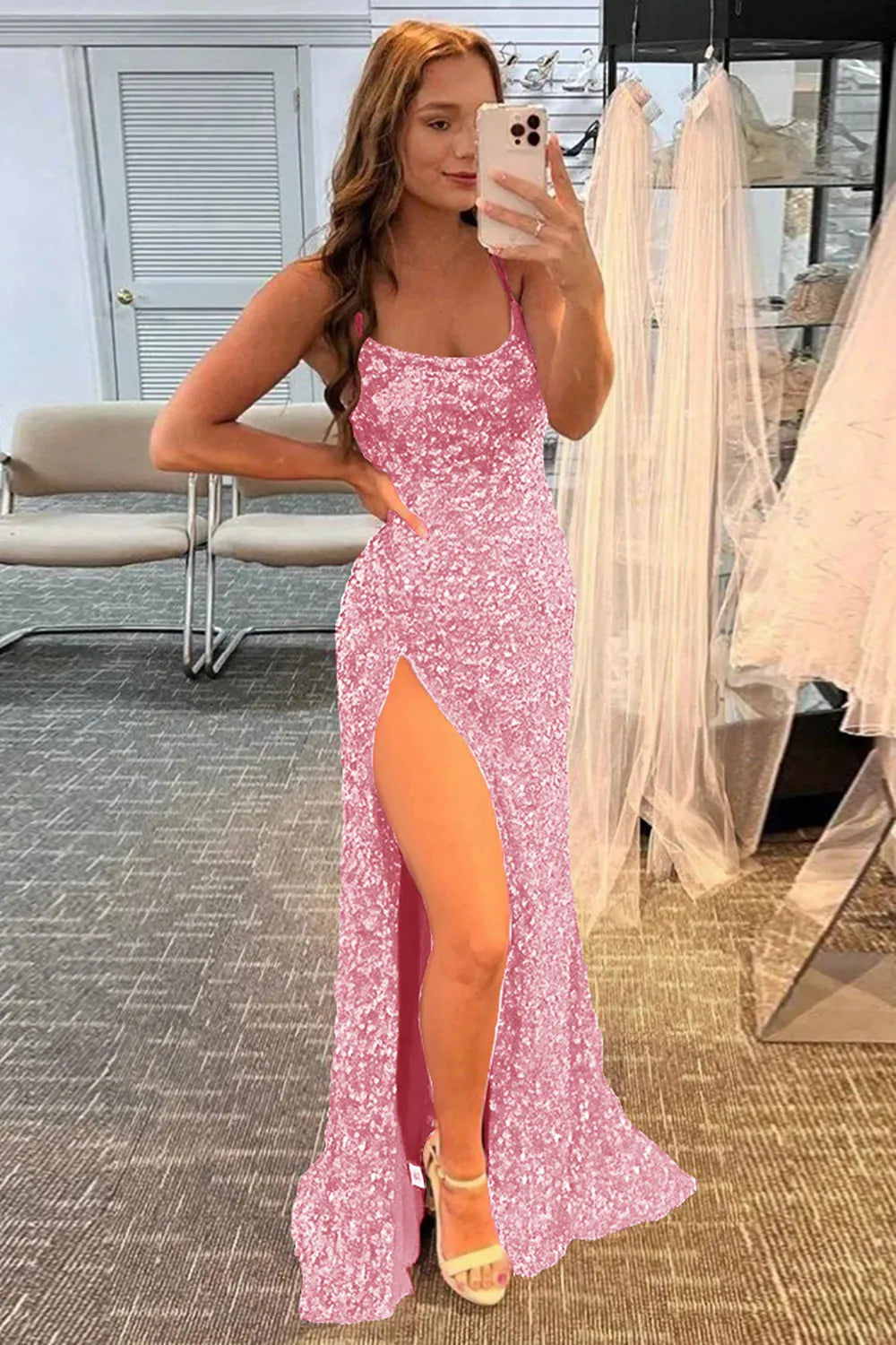 Wholesale Mermaid Glitter Sequins Sexy Pink Backless Long Prom Dress prom dresses shops