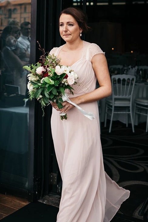 Elegant Long A-line Cap Sleeves Pink Bridesmaid Dress