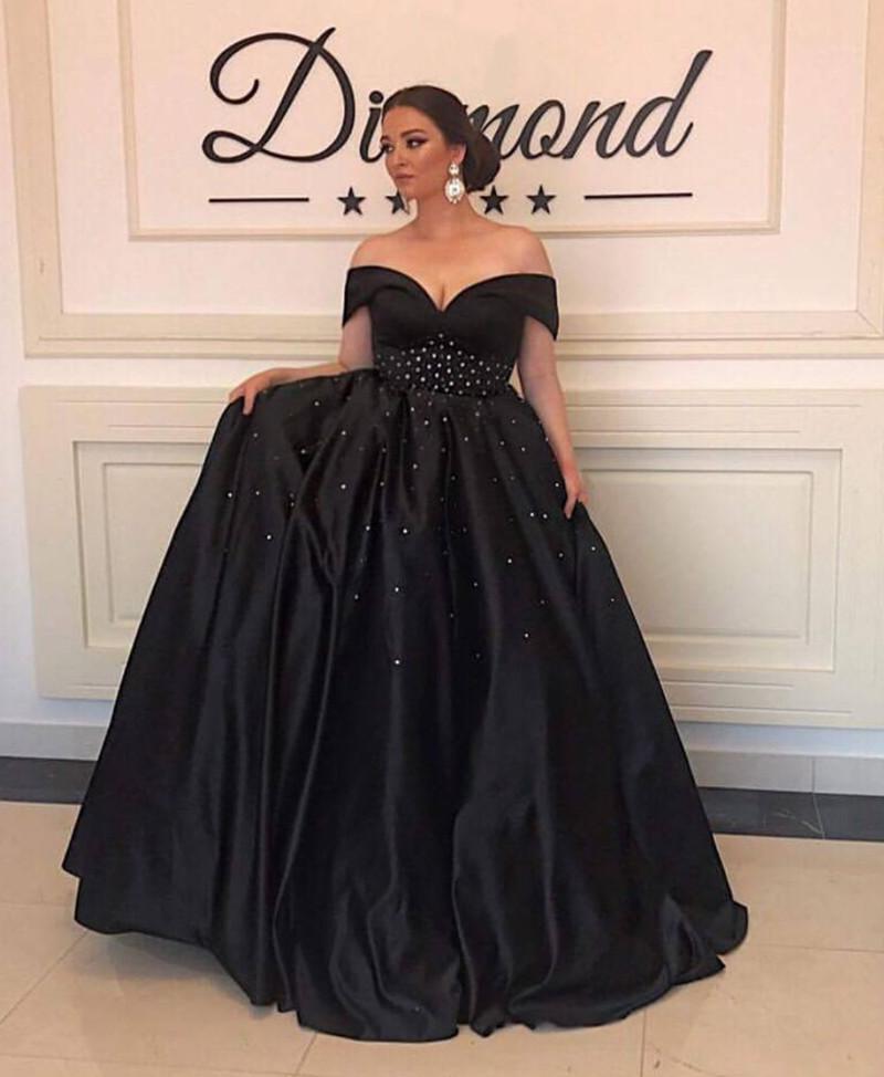 Long Black Satin Beaded Ball Gowns Prom Dresses Off The Shoulder