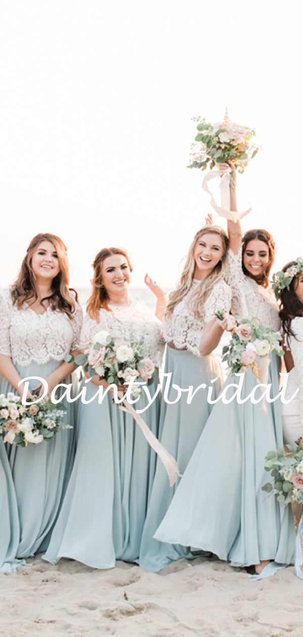 Simple Round Neck Floor-length Lace Chiffon Two-piece Long Bridesmaid Dresses.DB10767