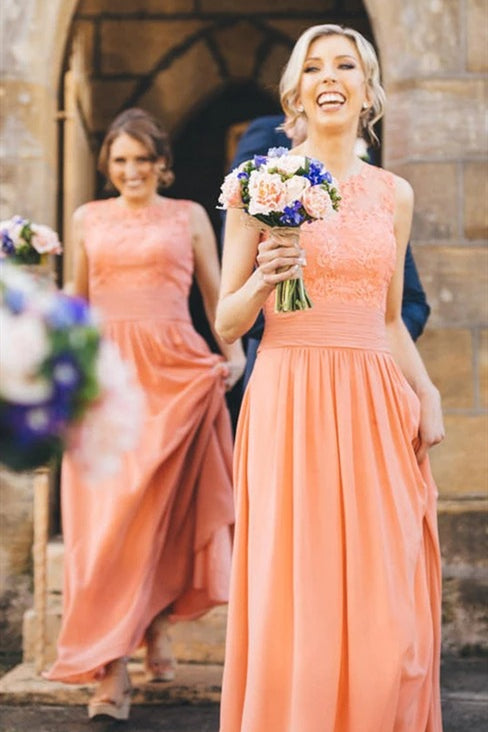 Long A-line Peach Bridesmaid Dress with Lace Appliques