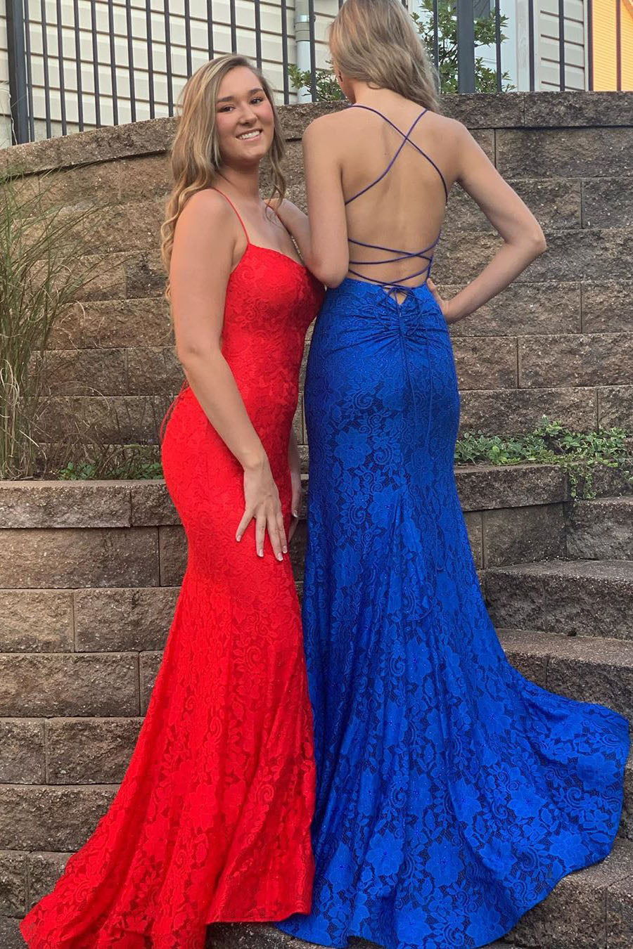 Elegant Spaghetti Straps Open Back Mermaid Blue Long Prom Dress