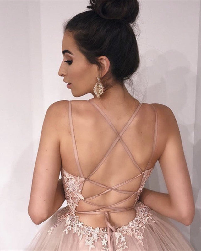 Long Tulle V-neck Embroidery Prom Dresses Cross Back Evening Gowns