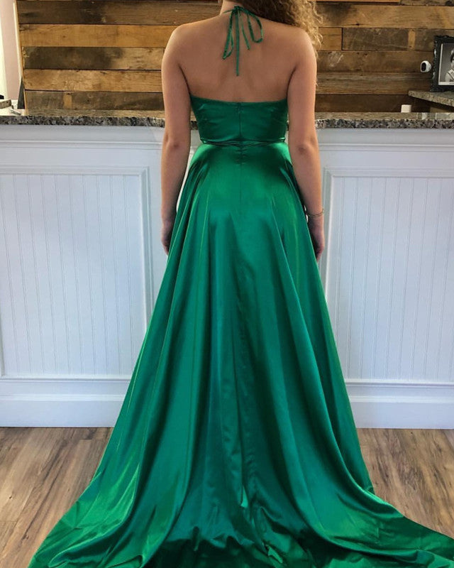 Sexy Long Satin Halter Prom Dresses Leg Split Formal Gowns