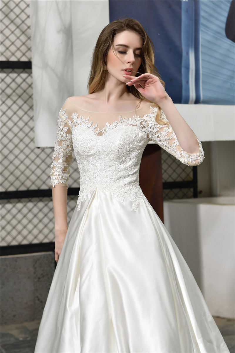 Princess Half Sleeves White Wedding Dress